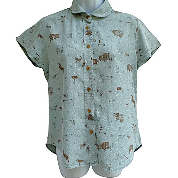 SiLK In God We Trust NYC Shirt Blouse Button Front Pale Green Cave Drawings USA - Picture 2 of 9